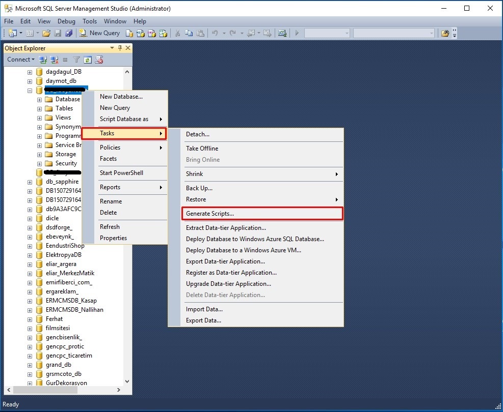 sql server 2014 veritabani yedeğini script ile alma