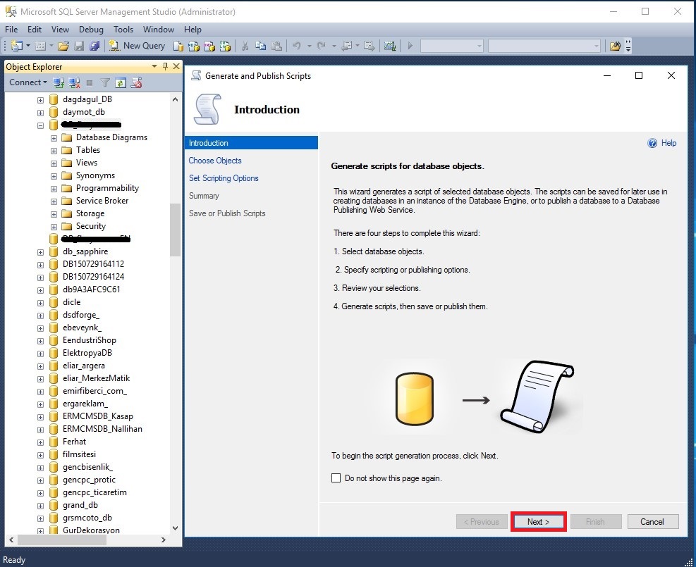 sql server 2014 veritabani yedeğini script ile alma