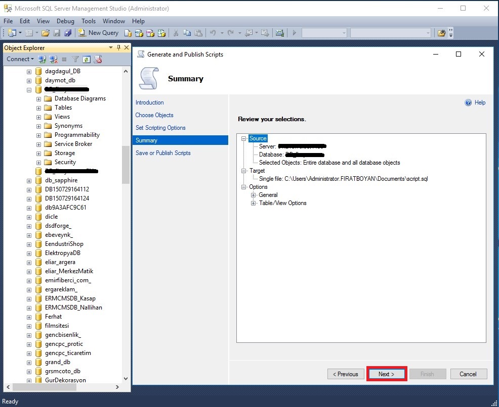 sql server 2014 veritabani yedeğini script ile alma