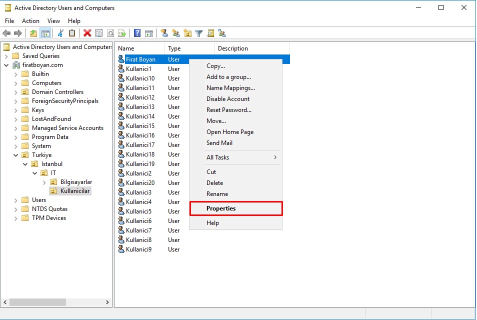 Active Directory Kullanıcı Özelliklerinin İncelenmesi
