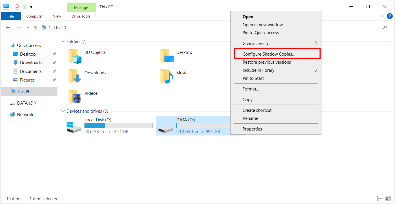 D:\ Volume için Configure Shadow Copies menüsü ve Shadow Copies penceresi