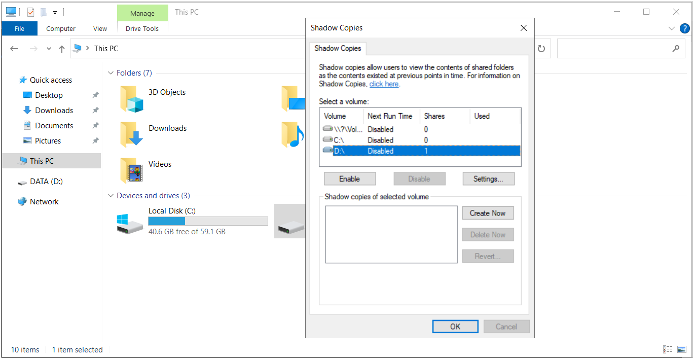 D:\ Volume için Configure Shadow Copies menüsü ve Shadow Copies penceresi