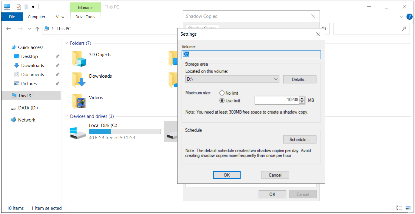 Shadow Copies Settings ekranında D:\ Diff Area konumu ve Use limit ayarı
