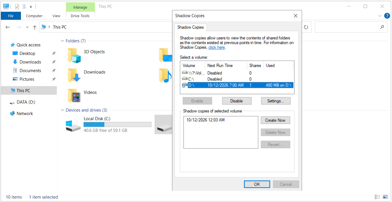 Enable sonrası D:\ için oluşturulan ilk Shadow Copy