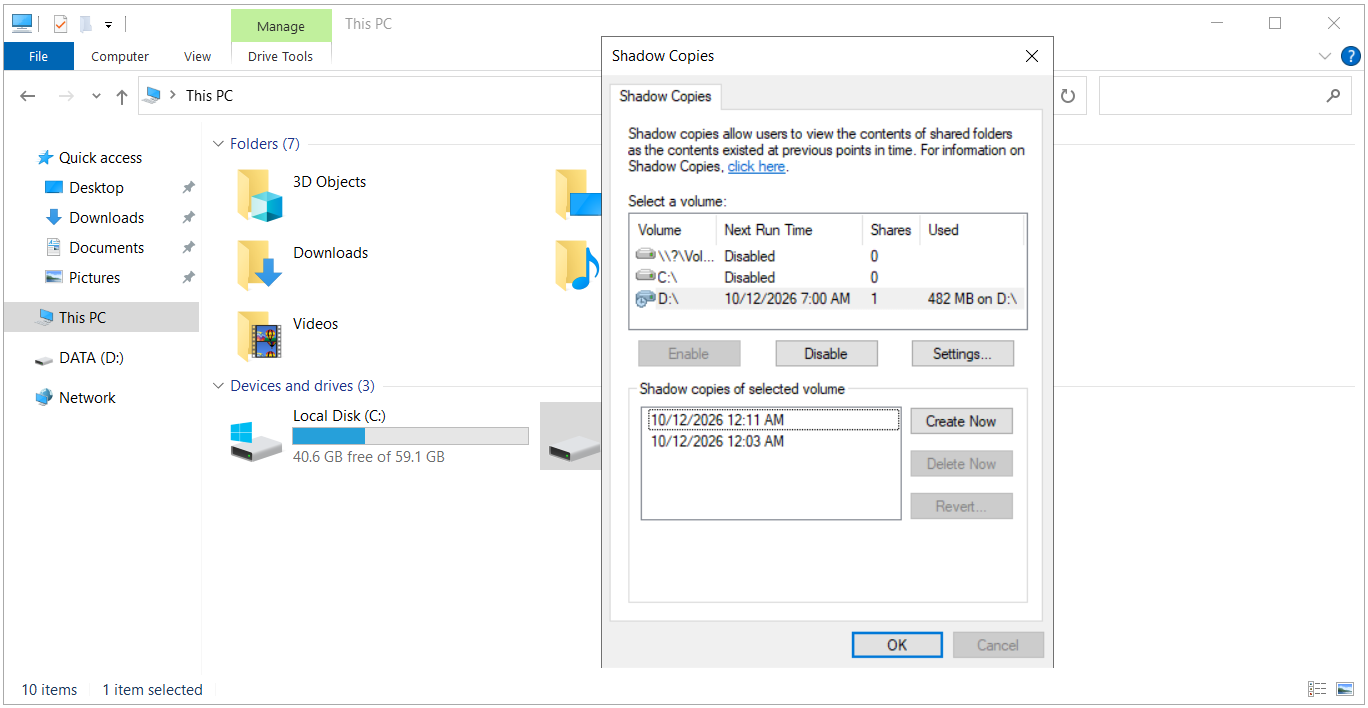 Create Now ile alınan ikinci Shadow Copy ve Used değeri