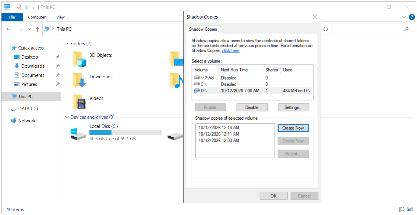 Üç Shadow Copy listesi ve Used değerindeki küçük artış