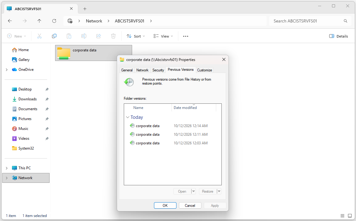 Windows Client üzerinde paylaşılan klasörün Previous Versions sekmesi