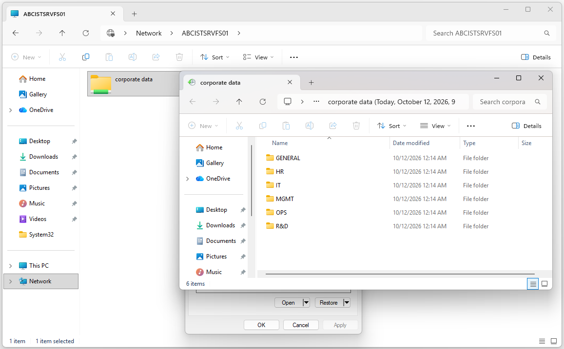 Open ile açılan Shadow Copy anındaki paylaşım klasör içeriği