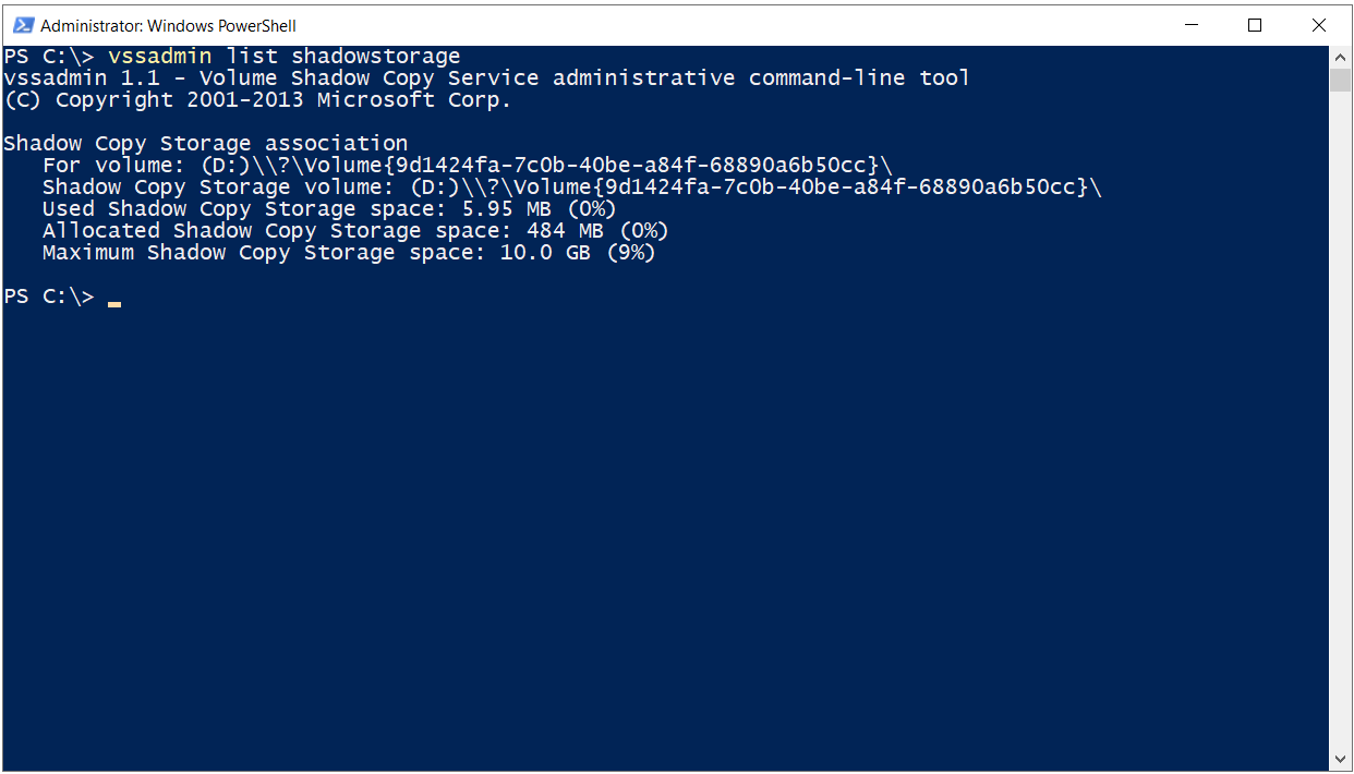 vssadmin list shadowstorage çıktısında Used, Allocated ve Maximum değerleri