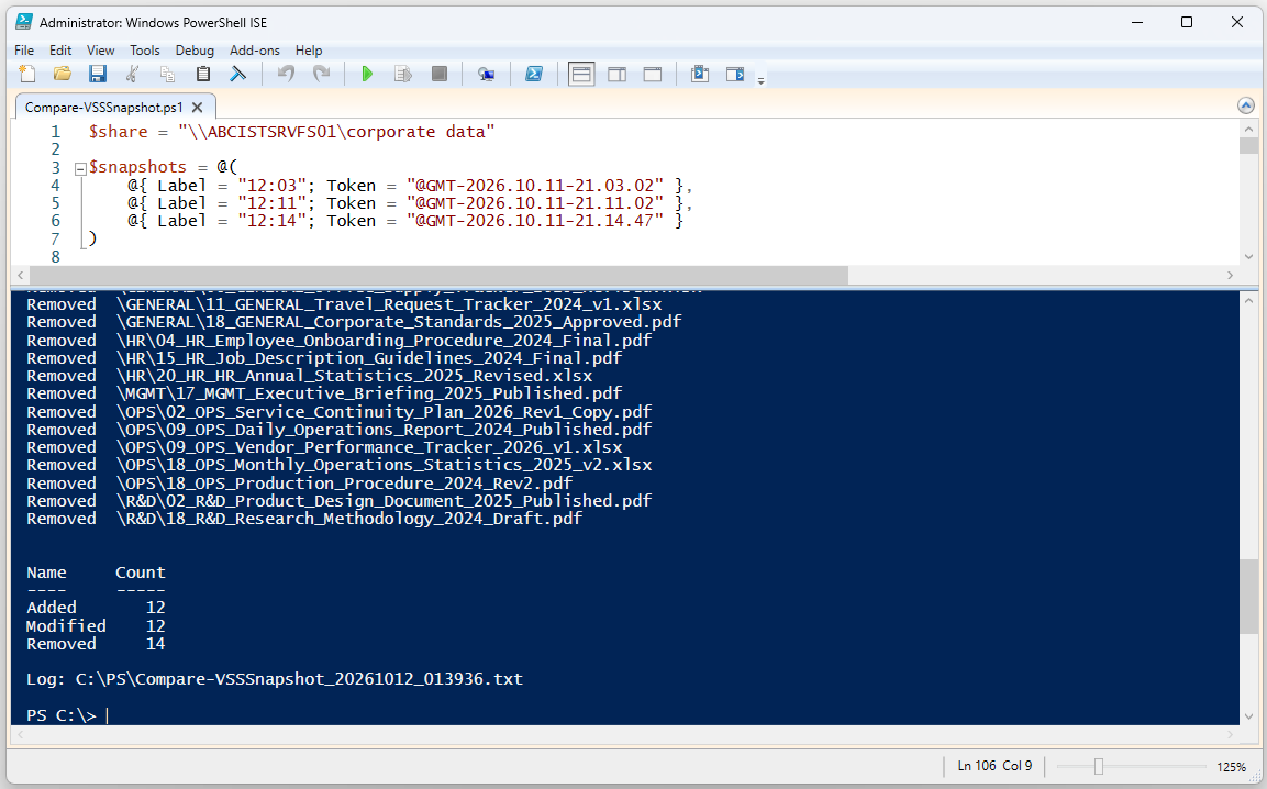 Compare-VSSSnapshot.ps1 Script çıktısında Added, Removed ve Modified dosyalar