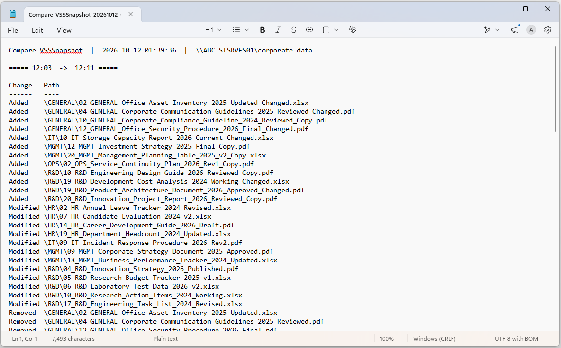 Compare-VSSSnapshot.ps1 Script'inin UTF-8 with BOM log dosyası