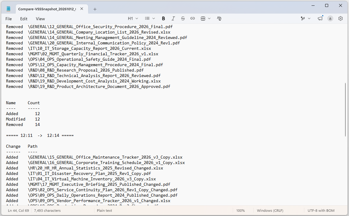 Compare-VSSSnapshot.ps1 Script'inin log dosyasının devamı