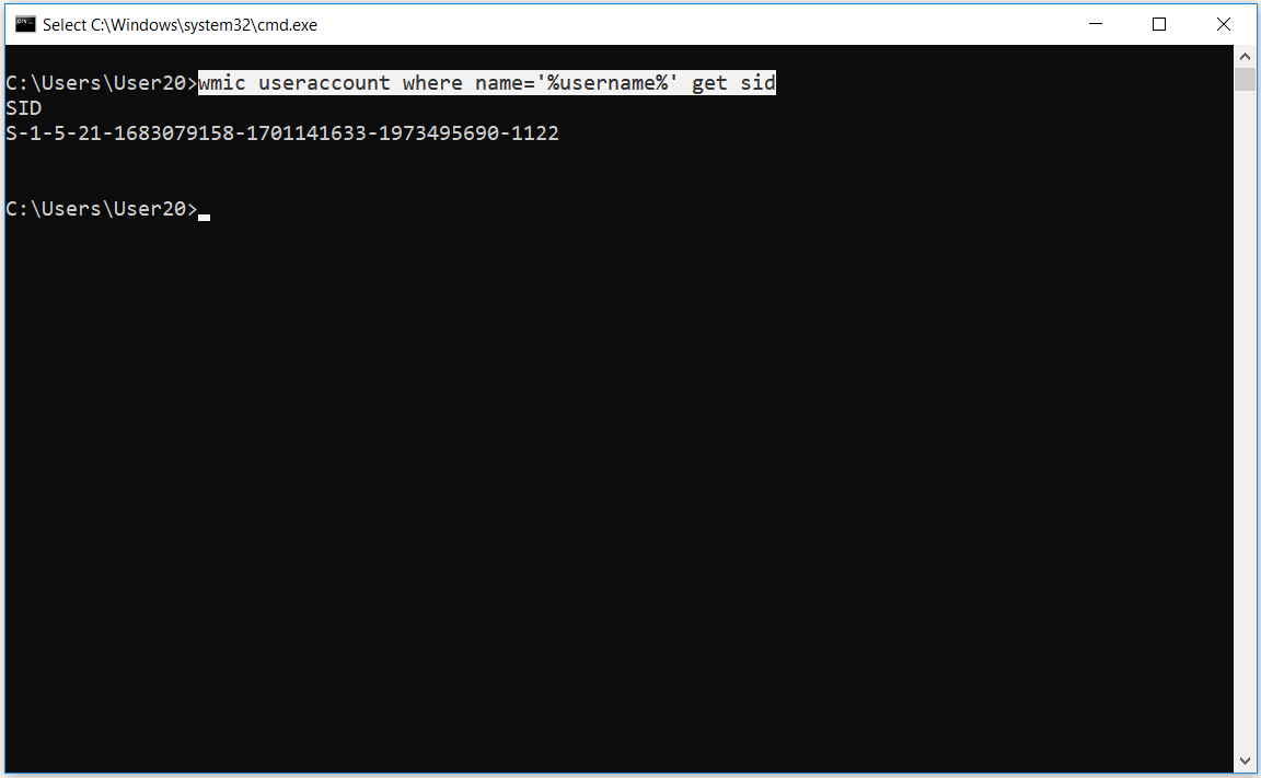 wmic komutu ile user sid bilgisi