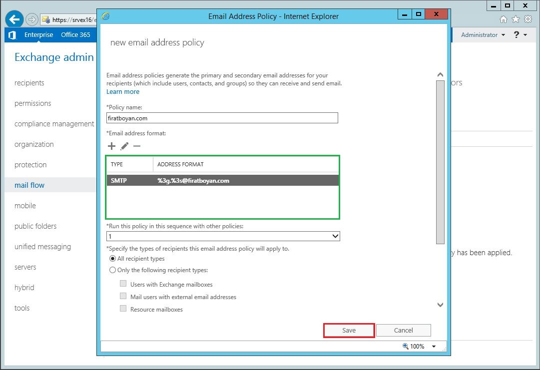 Exchange server 2016 Email Address Policy