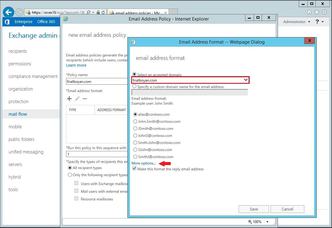 Exchange server 2016 Email Address Policy