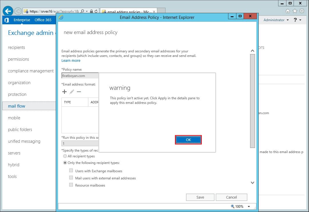 Exchange server 2016 Email Address Policy