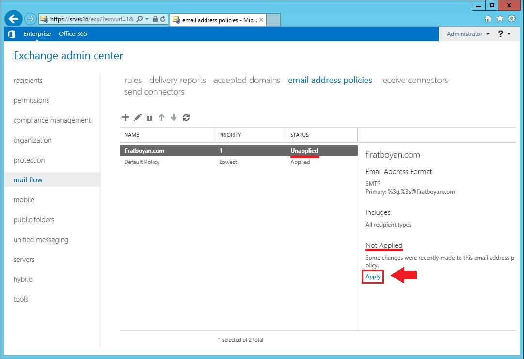 Exchange server 2016 Email Address Policy