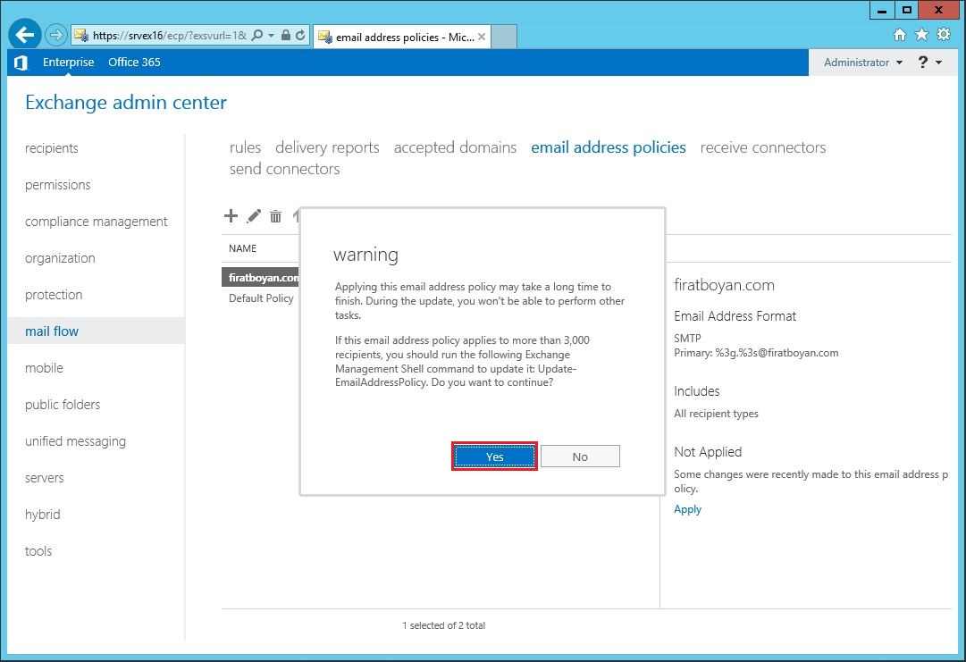 Exchange server 2016 Email Address Policy