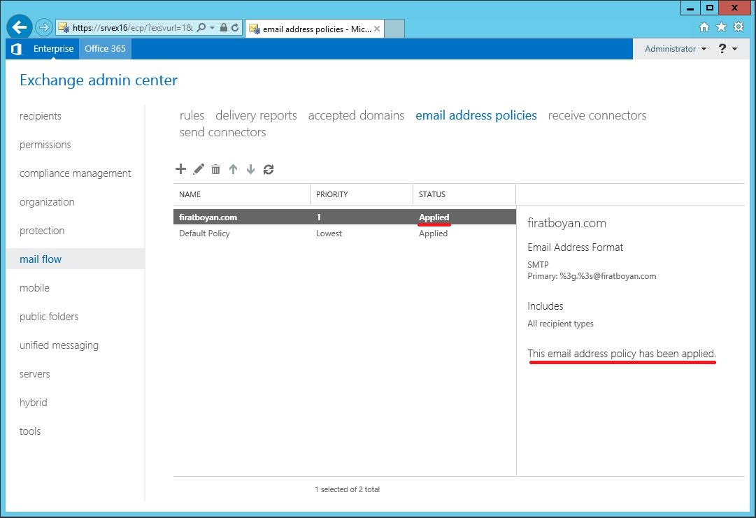 Exchange server 2016 Email Address Policy