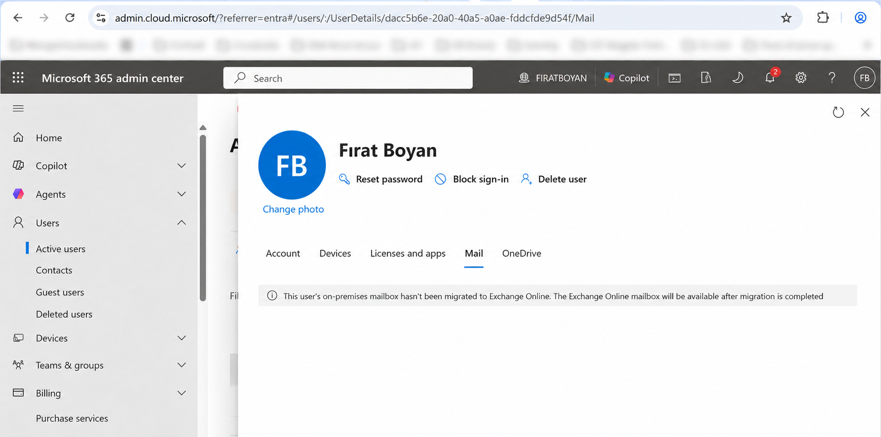 This user's on-premises mailbox hasn't been migrated to Exchange Online. The Exchange Online mailbox will be available after migration is completed.