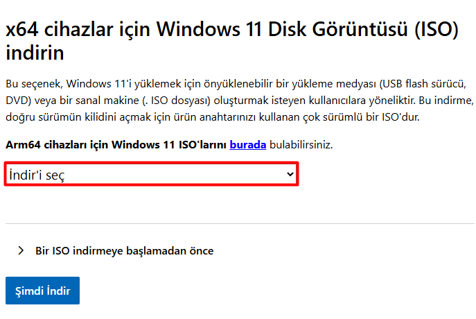 Microsoft Windows 11 ISO indirme sayfası, dropdown İndir'i seç durumunda