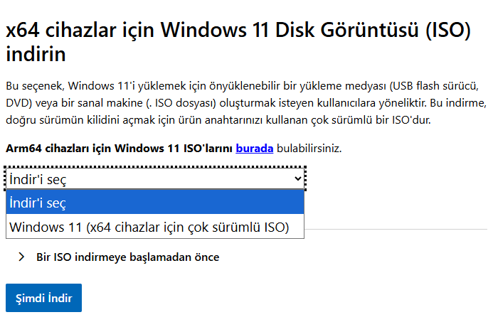 Windows 11 ISO indirme dropdown'ında x64 çok sürümlü ISO seçeneği