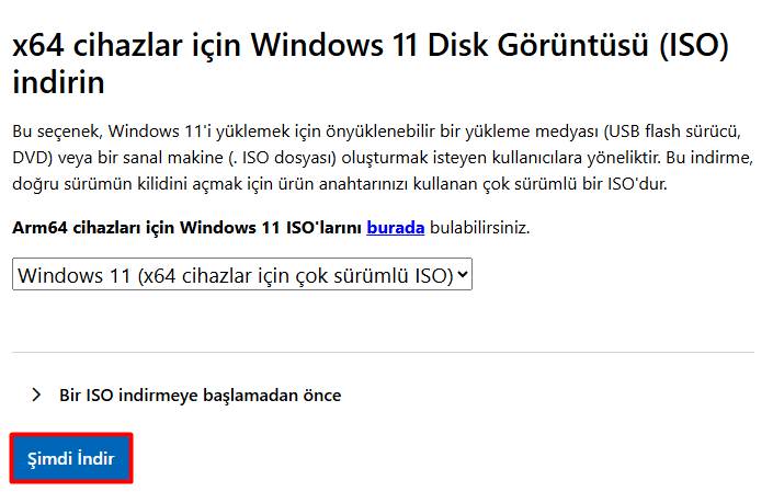 Windows 11 x64 çok sürümlü ISO seçili ve Şimdi İndir butonu