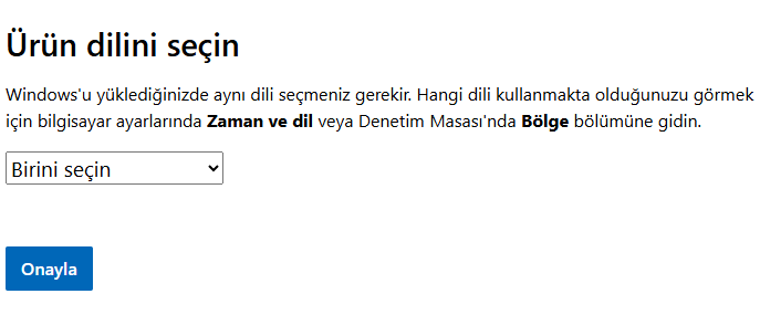 Windows 11 ISO ürün dili seçim ekranı
