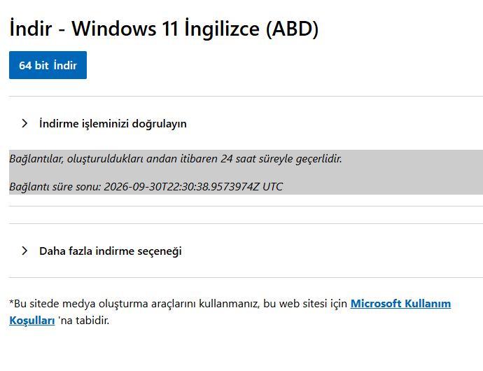 Windows 11 ISO 64 bit indirme bağlantısı ve indirme doğrulama alanı