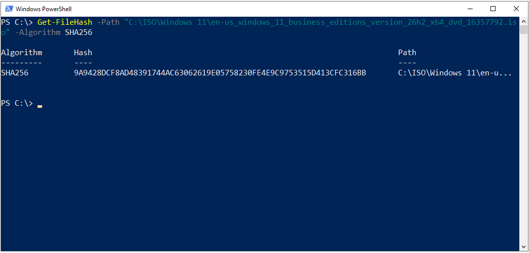 PowerShell Get-FileHash çıktısında Windows 11 26H2 ISO dosyasının SHA256 değeri