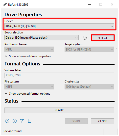 Rufus 4.15 ana ekranı, Device alanında USB Flash Drive ve SELECT butonu