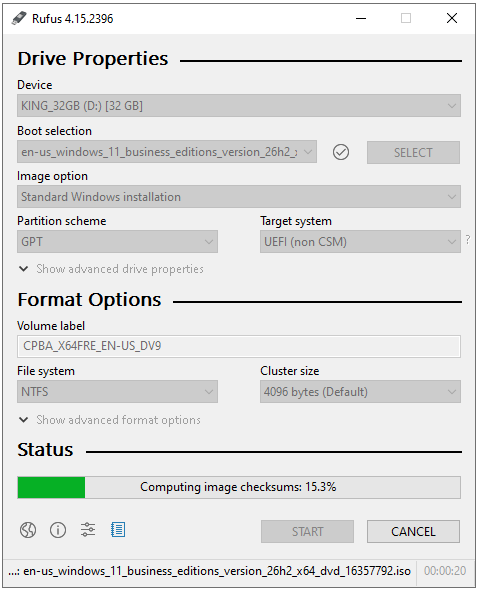 Rufus Windows 11 ISO Checksum hesaplama yüzde 15