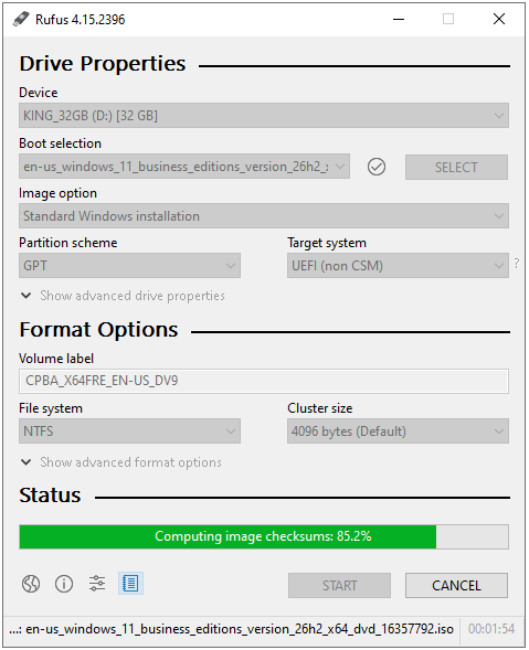 Rufus Windows 11 ISO Checksum hesaplama yüzde 85