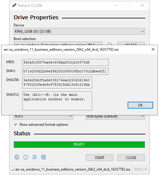 Rufus'ta Windows 11 ISO MD5, SHA1 ve SHA256 Hash değerleri
