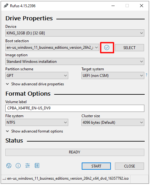 Rufus'ta Windows 11 ISO seçildikten sonra Checksum hesaplama butonu