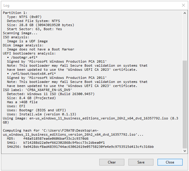 Rufus Log penceresinde Windows 11 ISO analizi ve UEFI bootloader imza bilgisi