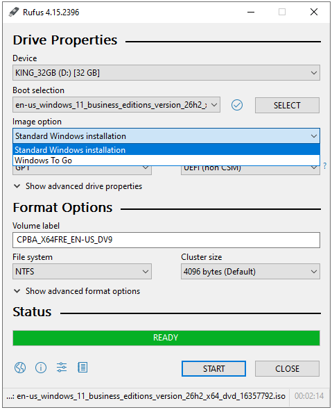 Rufus Image option alanında Standard Windows installation ve Windows To Go seçenekleri