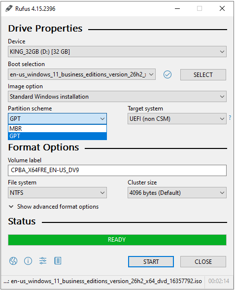Rufus Partition scheme alanında GPT ve MBR seçenekleri