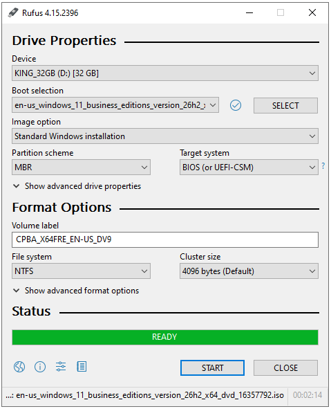 Rufus'ta MBR seçildiğinde Target system alanının BIOS (or UEFI-CSM) olması