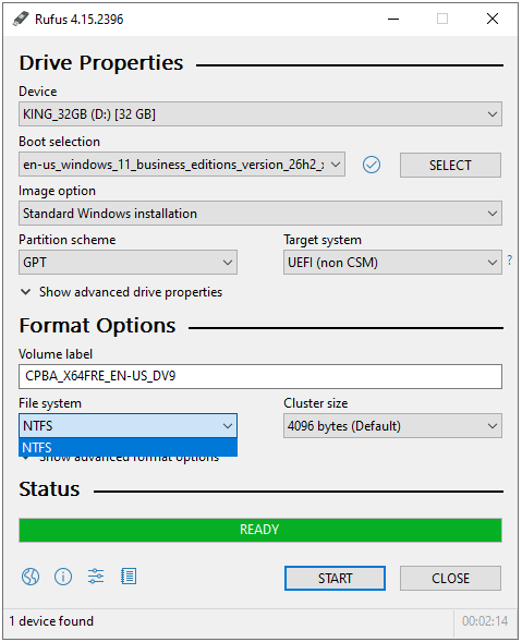 Rufus File system alanında yalnızca NTFS seçeneği