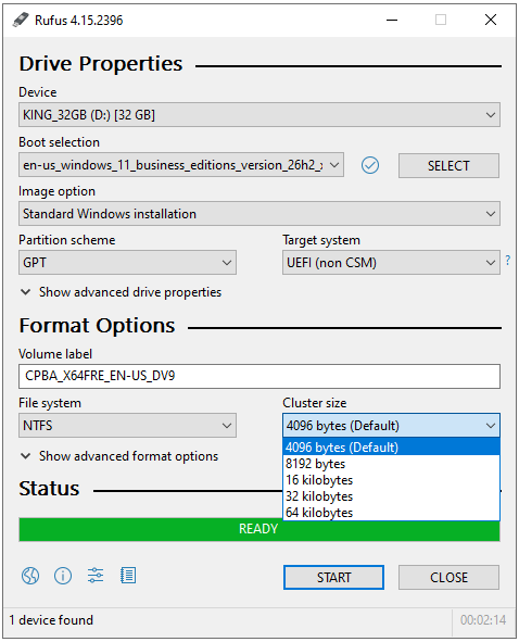 Rufus Cluster size alanında 4096 bytes varsayılan değeri ve diğer seçenekler