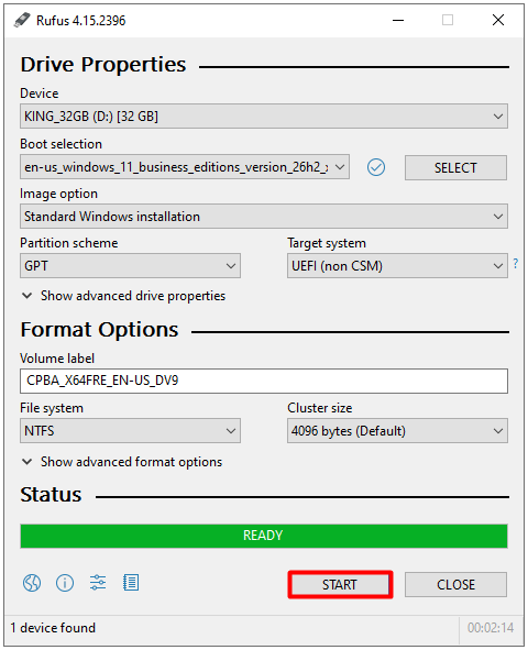 Rufus'ta Windows 11 Bootable USB için START butonu