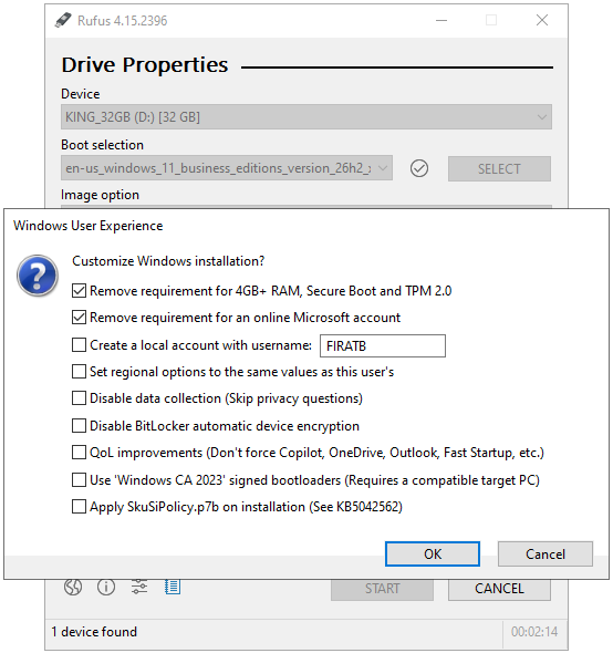 Rufus Windows User Experience diyaloğu ve Windows 11 kurulum özelleştirme seçenekleri