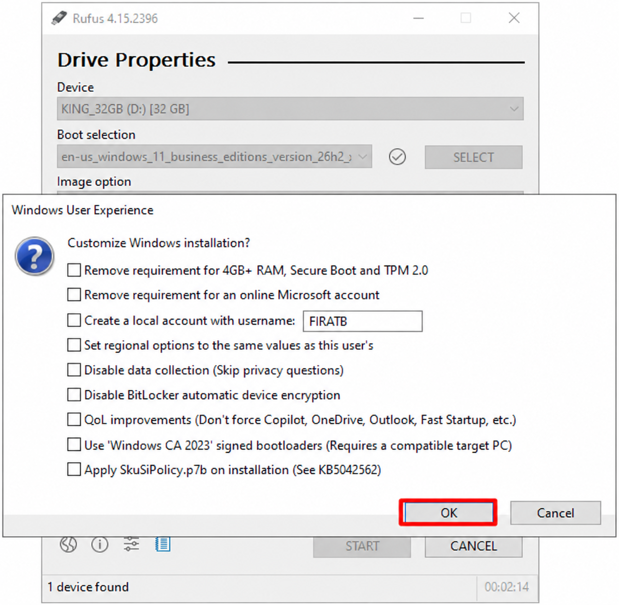 Rufus Windows User Experience diyaloğunda tüm seçenekler işaretsiz ve OK butonu