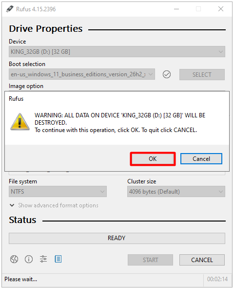Rufus USB Flash Drive üzerindeki tüm verilerin silineceği uyarısı