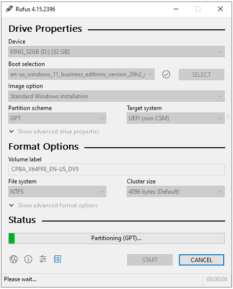 Rufus Partitioning GPT aşaması