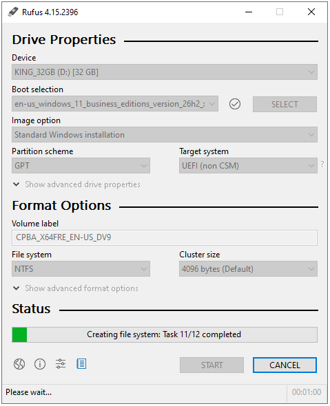 Rufus Copying ISO files yüzde 30, install.wim yazılıyor