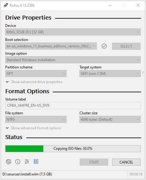 Rufus Copying ISO files yüzde 30, install.wim yazılıyor