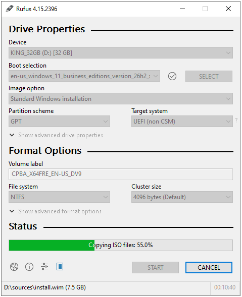 Rufus Copying ISO files yüzde 30, install.wim yazılıyor