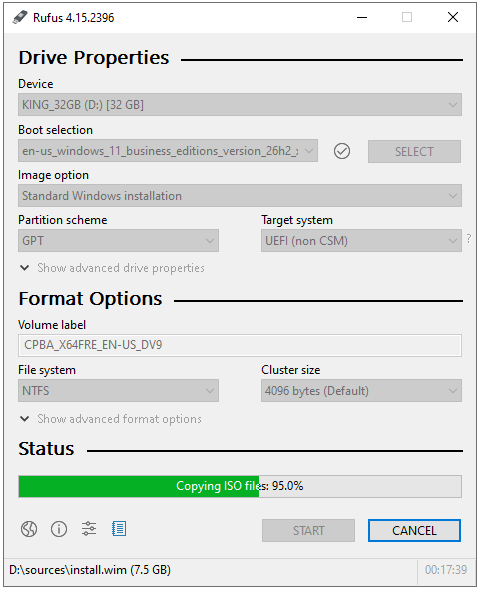 Rufus Copying ISO files yüzde 30, install.wim yazılıyor